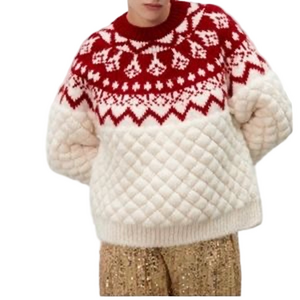 Industry Red Off-White Fair Isle Crew Neck Sweater Quilted Knit Festive Holiday